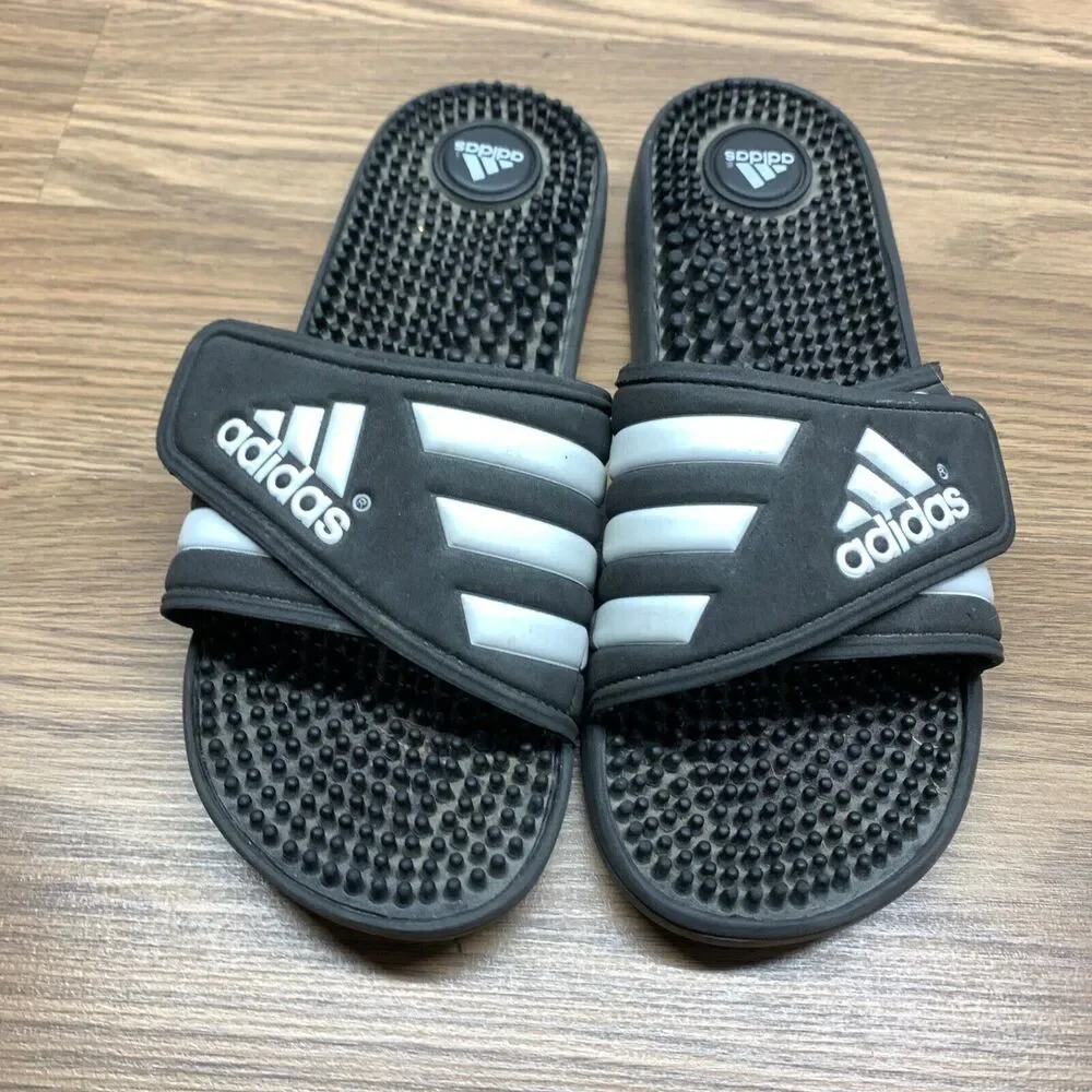 Adidas Youth Adissage Slides Boys Size 8 EU 42 Black White Massage Hook and Loop